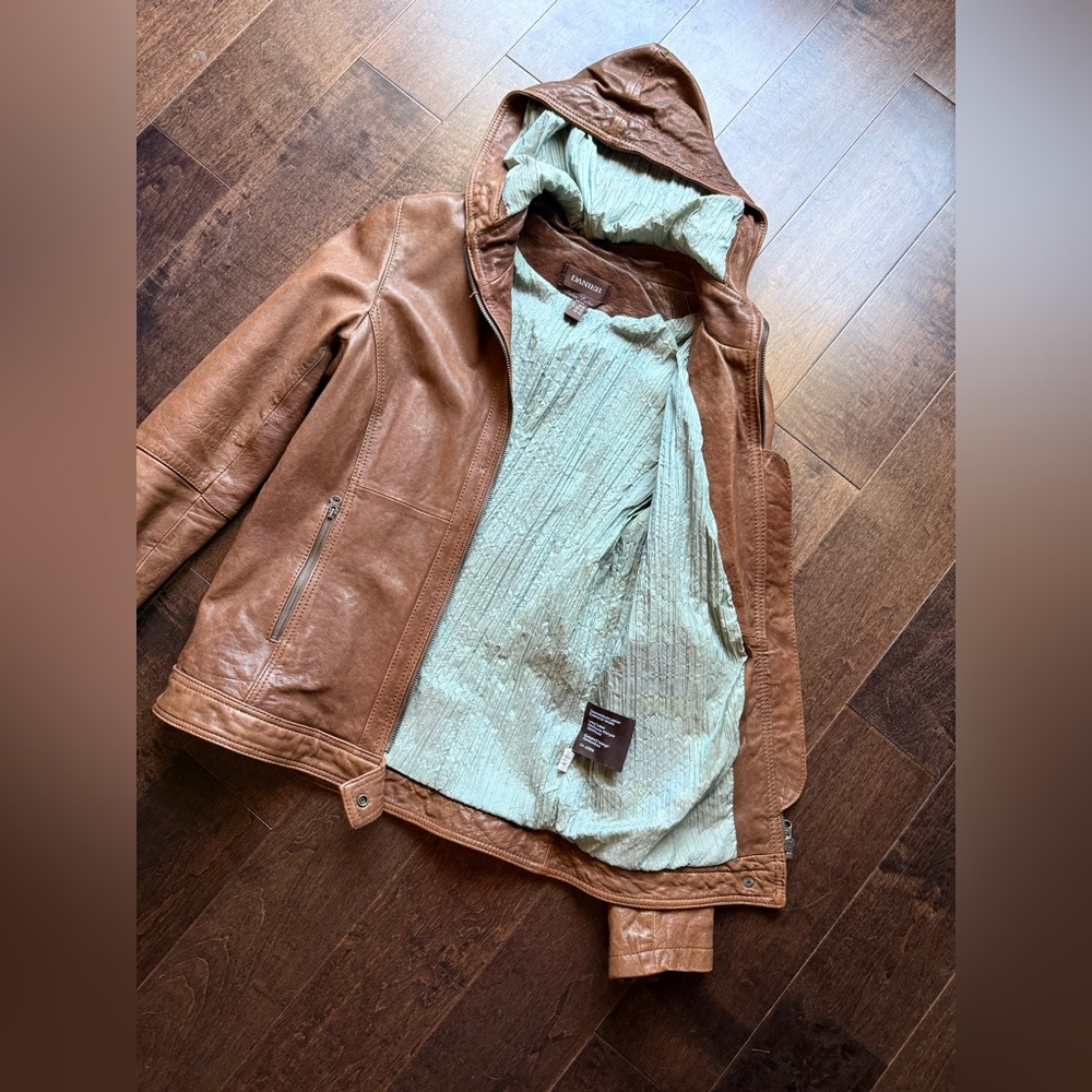 Danier Whiskey Brown Genuine Leather Zip up Jacket with Hood XSmall - Picture 10 of 14